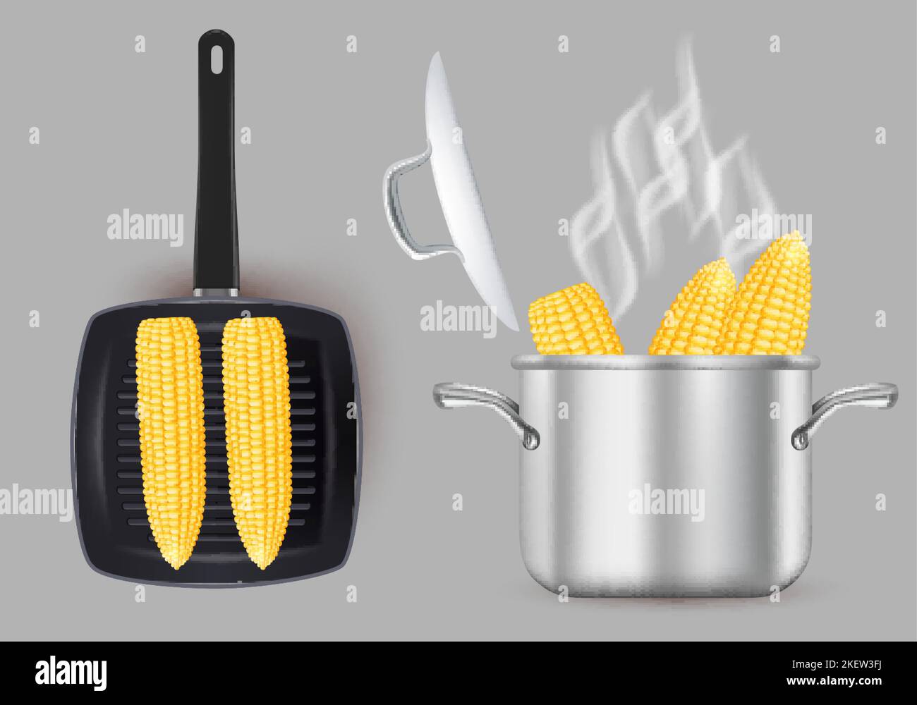 Grilled and boiled sweet corn, vector isolated illustration. Realistic