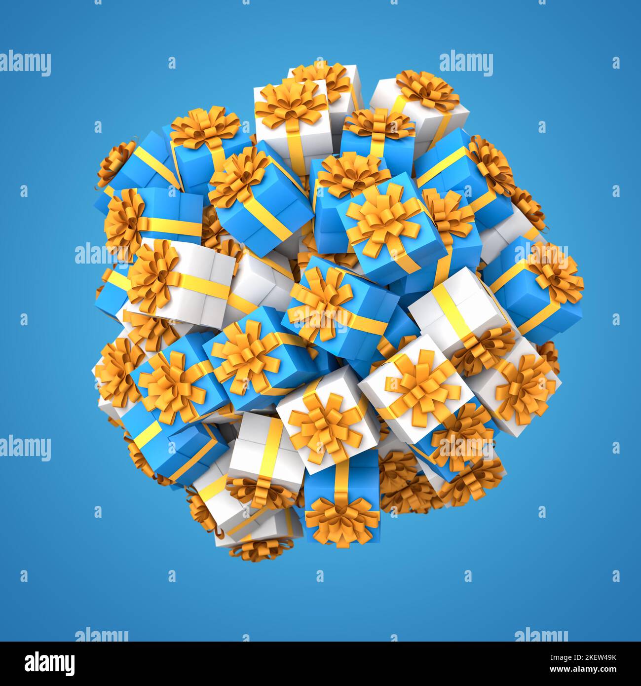 A lot of blue and white gift boxes with yellow golden ribbon and bow clustered to a ball or planet hovering over a blue background. Abundance concept. Stock Photo