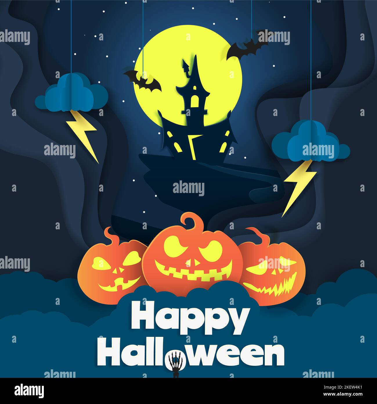 Happy Halloween poster template, vector illustration in paper art modern craft style. Night starry background and Halloween traditional symbols full m Stock Vector