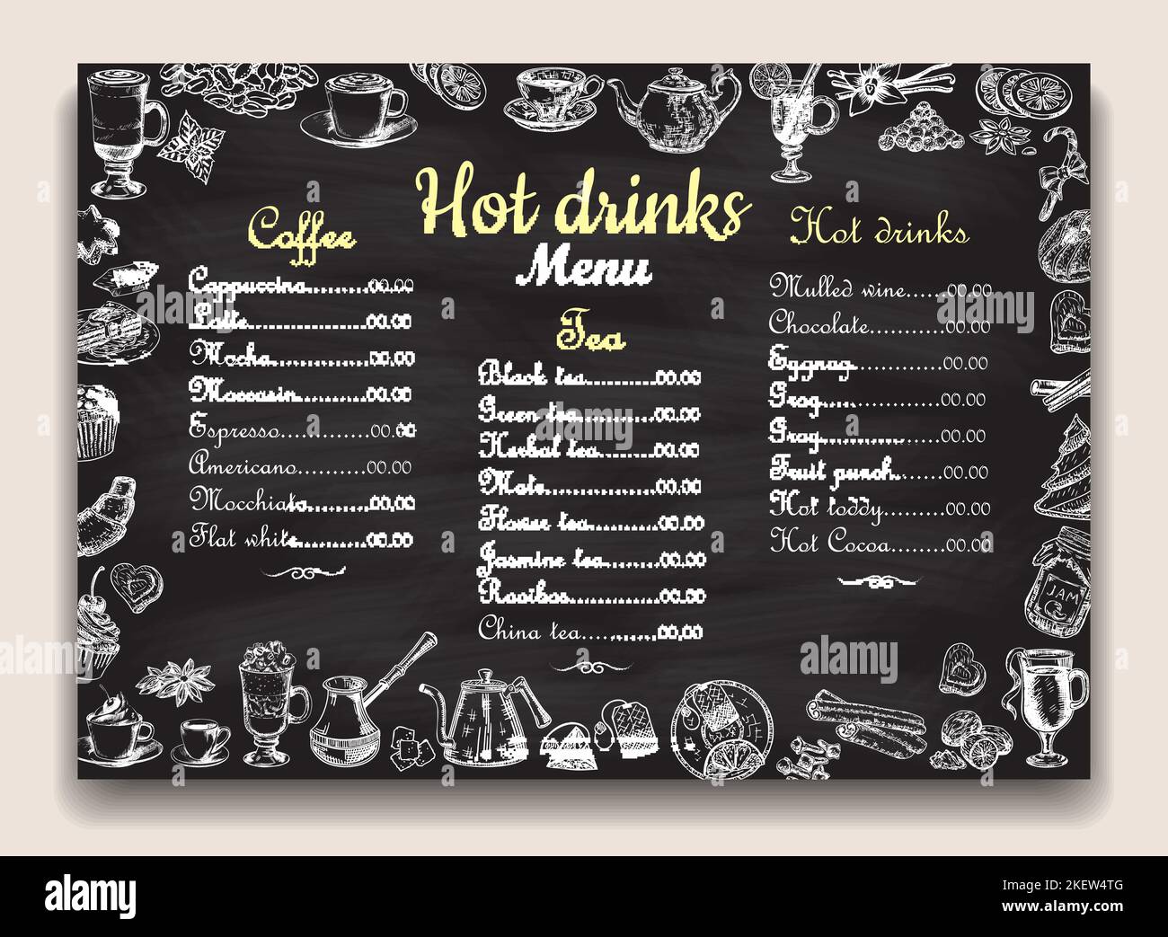 Cafe, restaurant hot drinks menu list on chalkboard vector template