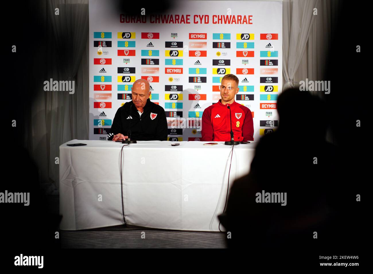 Wales' Aaron Ramsey is interviewed alongside Ian Gwyn Hughes during a media session at the Vale Resort, Hensol. Picture date: Monday November 14, 2022. Stock Photo
