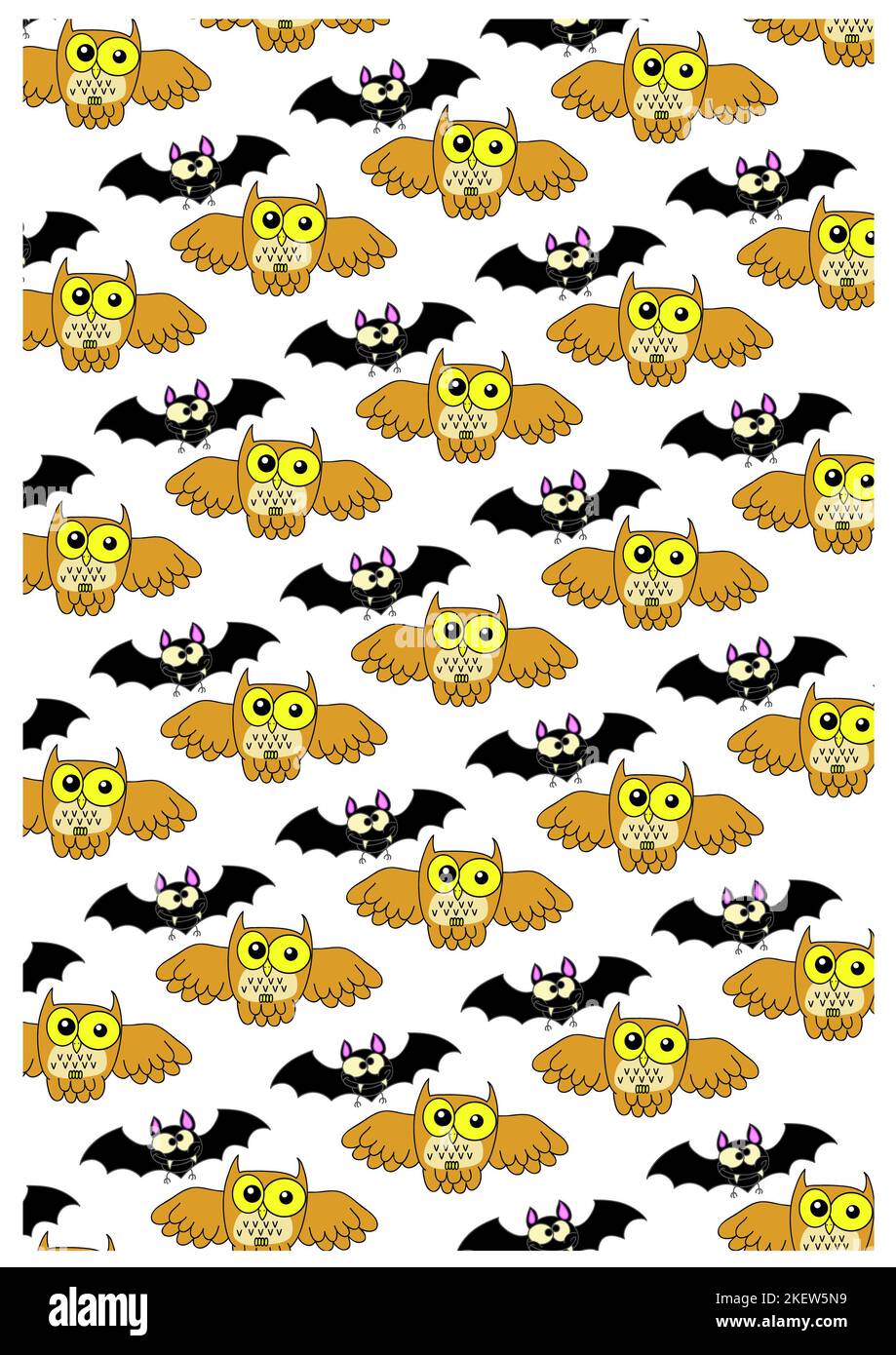 Funny cute artwork of owl & bat repeating pattern. Suit wrapping paper, children's fabric designs, greetings cards, website PC wallpaper, book bag art Stock Photo