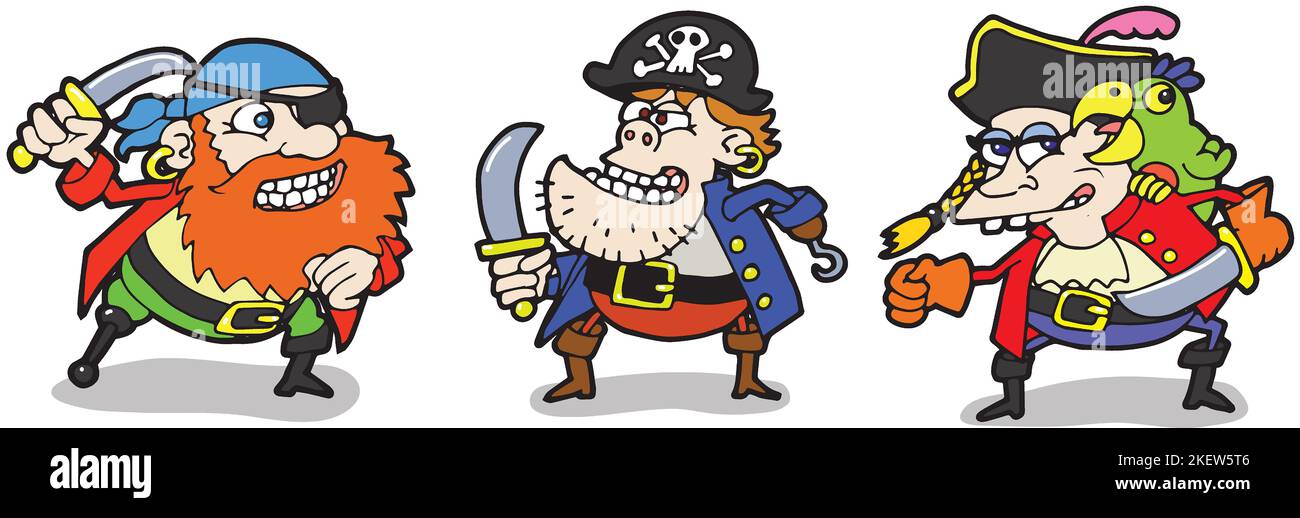 Art work cartoon: three pirates including female pirate with parrot on shoulder, one-legged peg leg pirate, pirate + skull & crossbones hat + scimitar Stock Photo