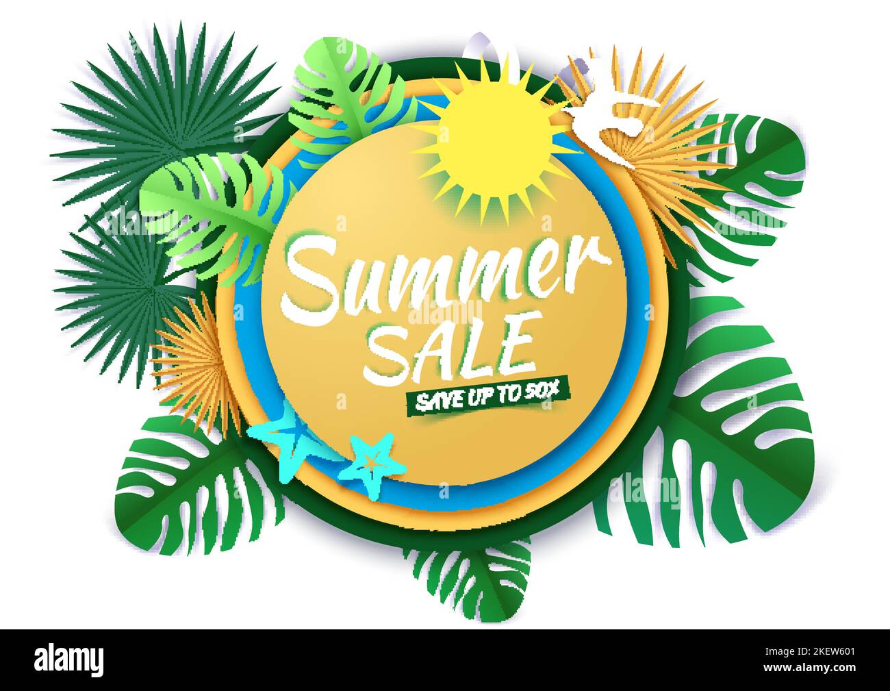 Tropical greenery decorative frame Summer sale creative hand lettering typography, vector illustration in paper art craft style. Seasonal summer sale Stock Vector