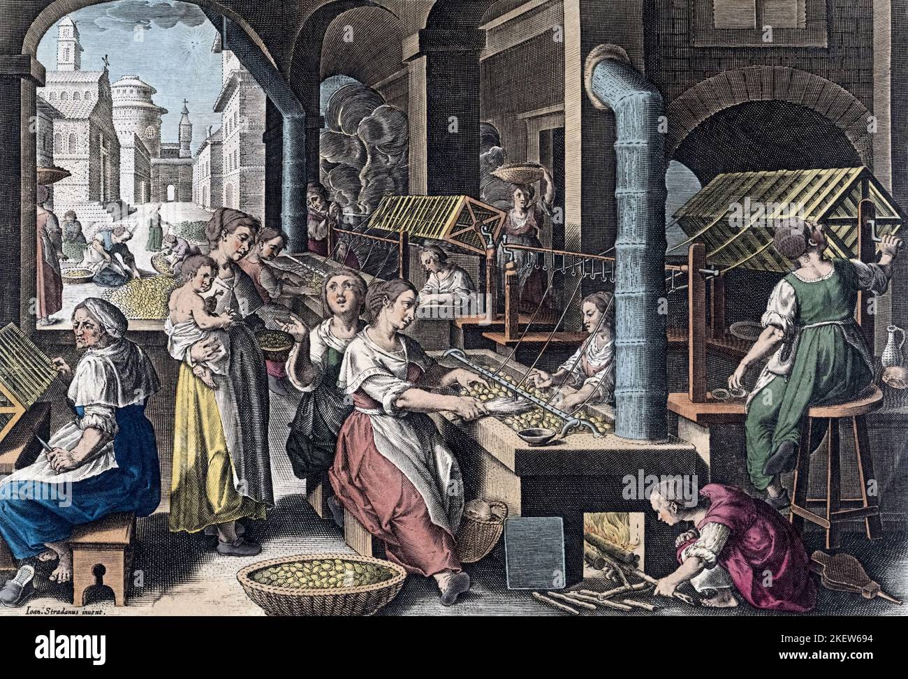 Silk production in Europe in the 16th century.  Reeling threads of silk from cocoons. From Vermis Sericus, a series of engravings by Karel van Mallery after a work by Jan van der Straet, known as Stradanus. Stock Photo
