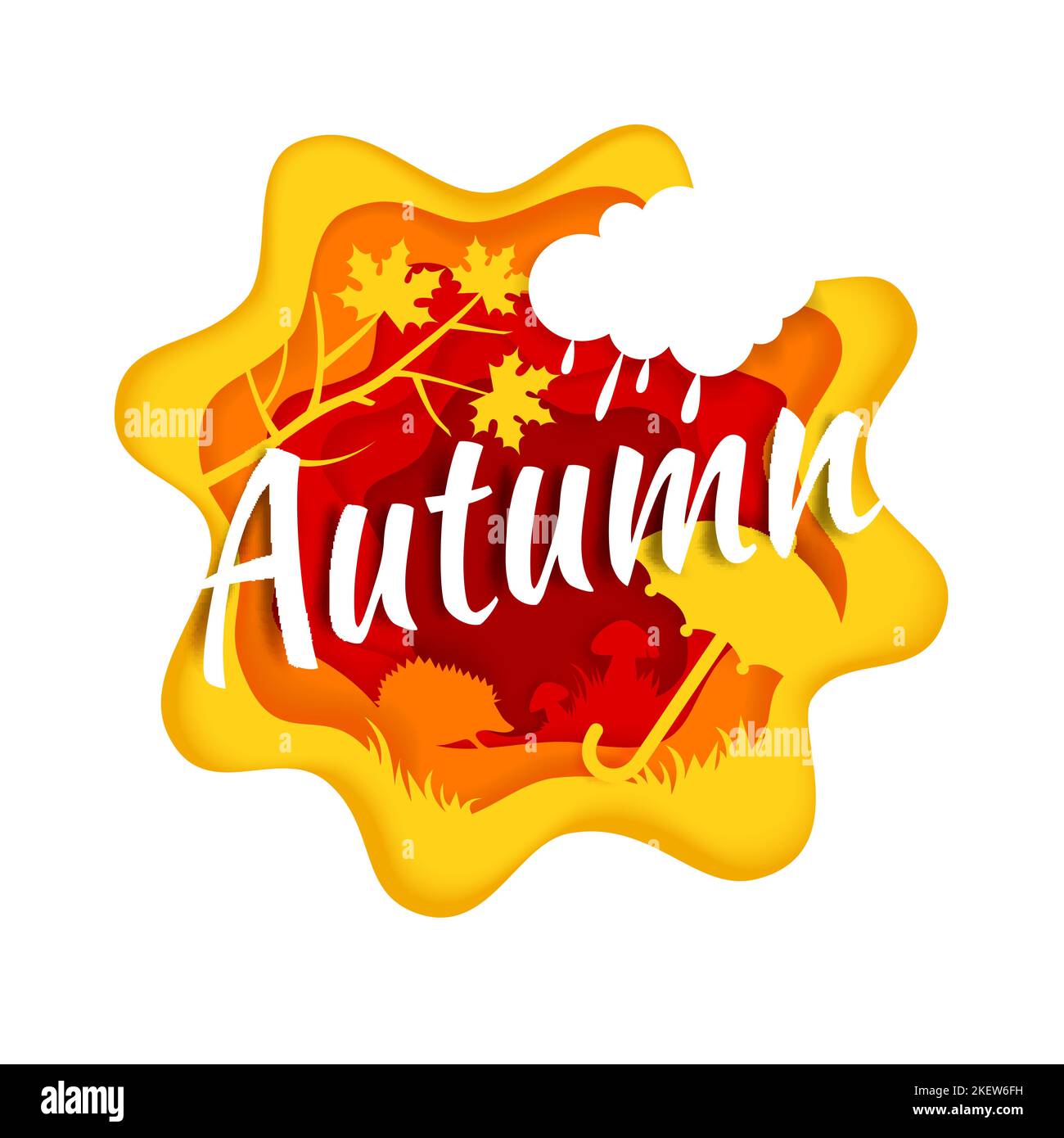 Autumn creative hand lettering typography, vector illustration in paper art modern craft style. Autumn composition with paper cut tree branch, rainy c Stock Vector