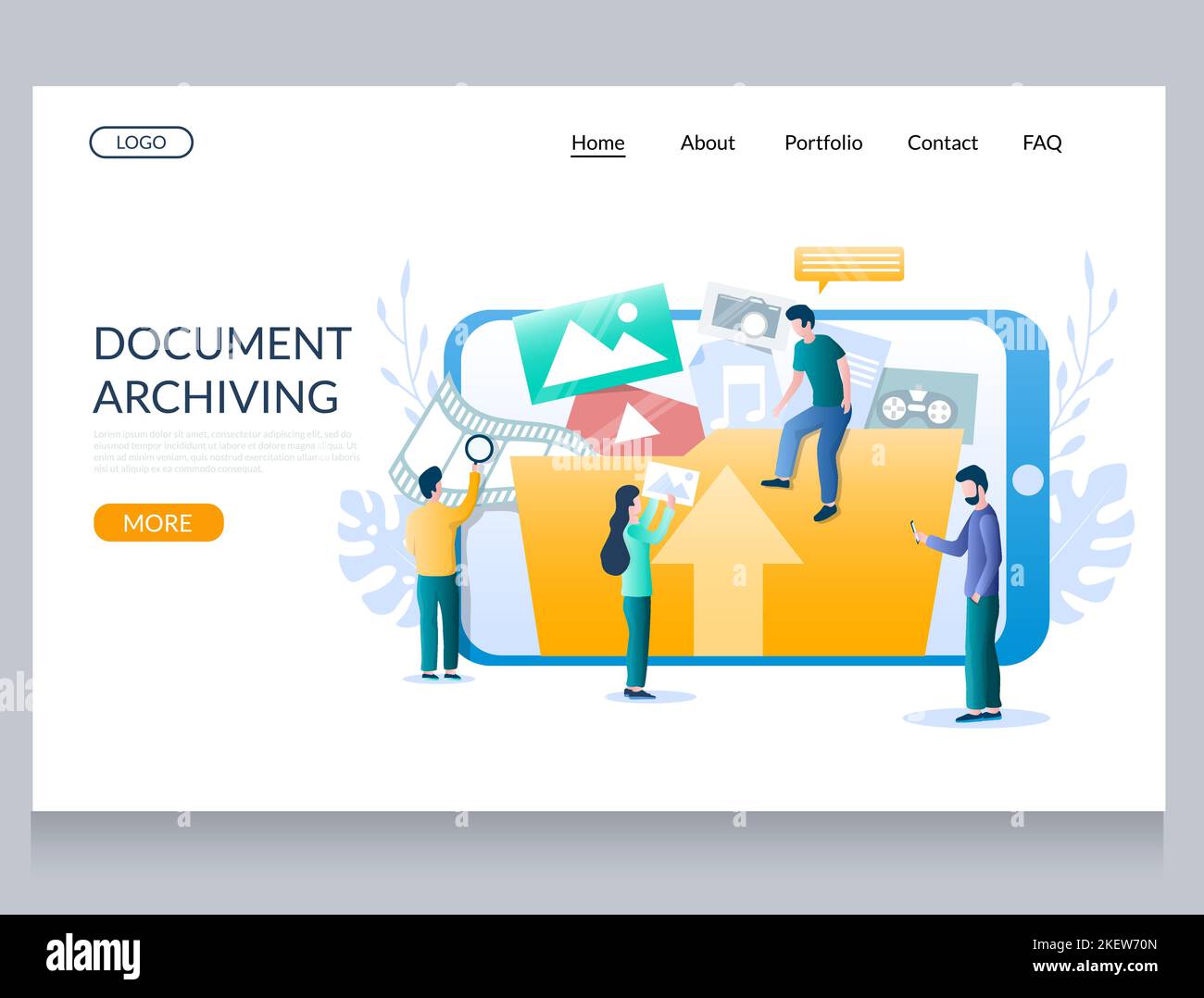 Document archiving vector website template, web page and landing page design for website and mobile site development. Smartphone music, videos, pictur Stock Vector