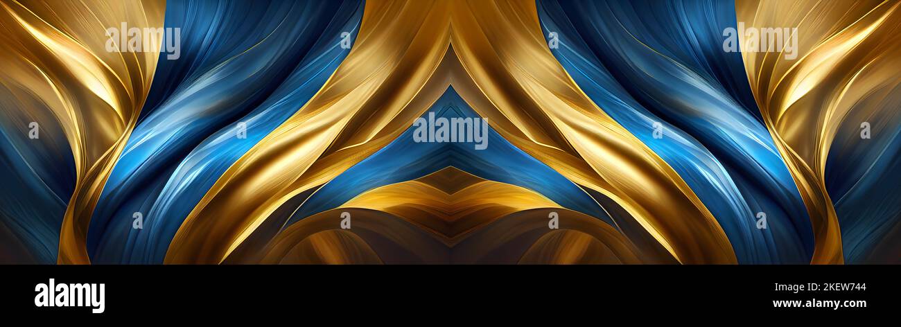 Abstract twirling blue and golden colors as background wallpaper. Symmetrical composition. Stock Photo