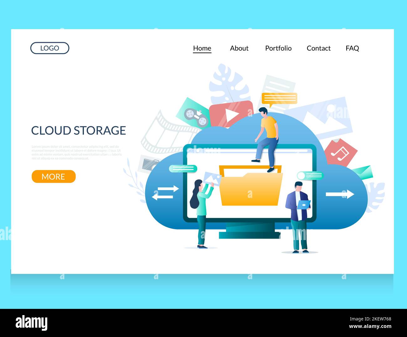 Cloud storage vector website template, web page and landing page design for website and mobile site development. Cloud computing data storage. Stock Vector