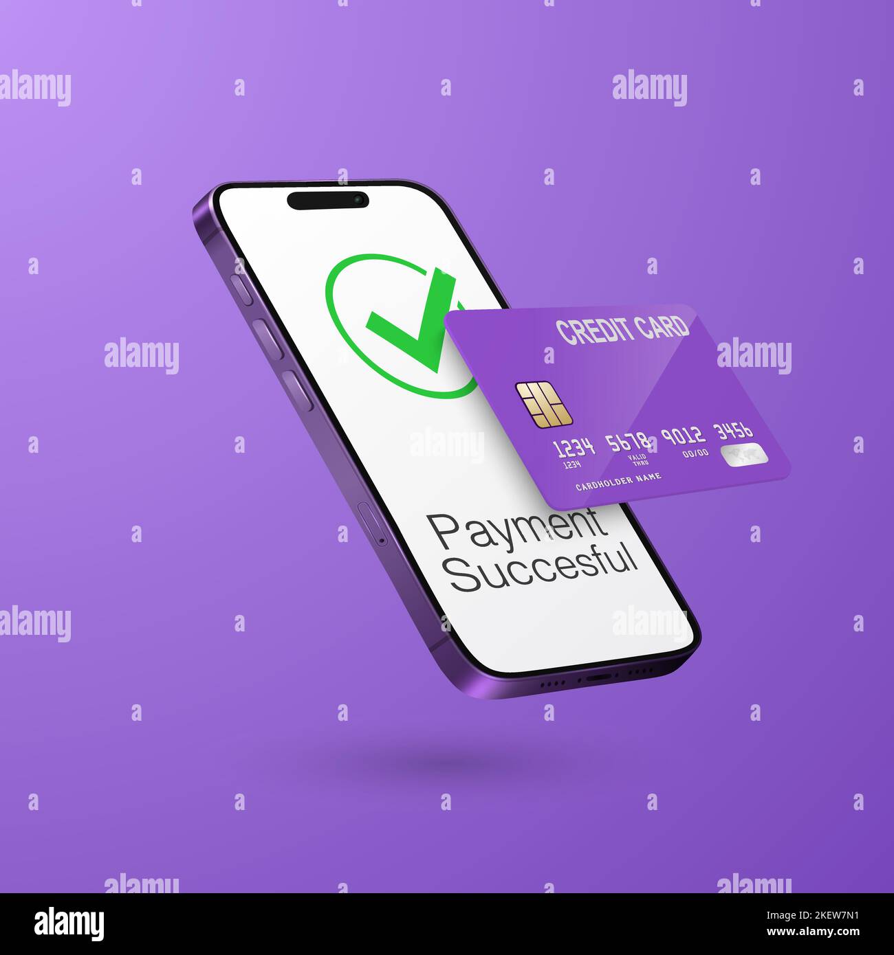 Vector 3d Realistic Purple Smartphone, Credit Card, Wi-Fi Successful