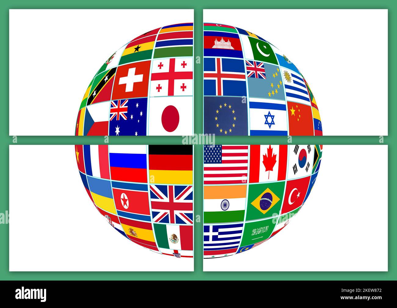 Flags all countries on globe isolated on a white background. Stock Photo