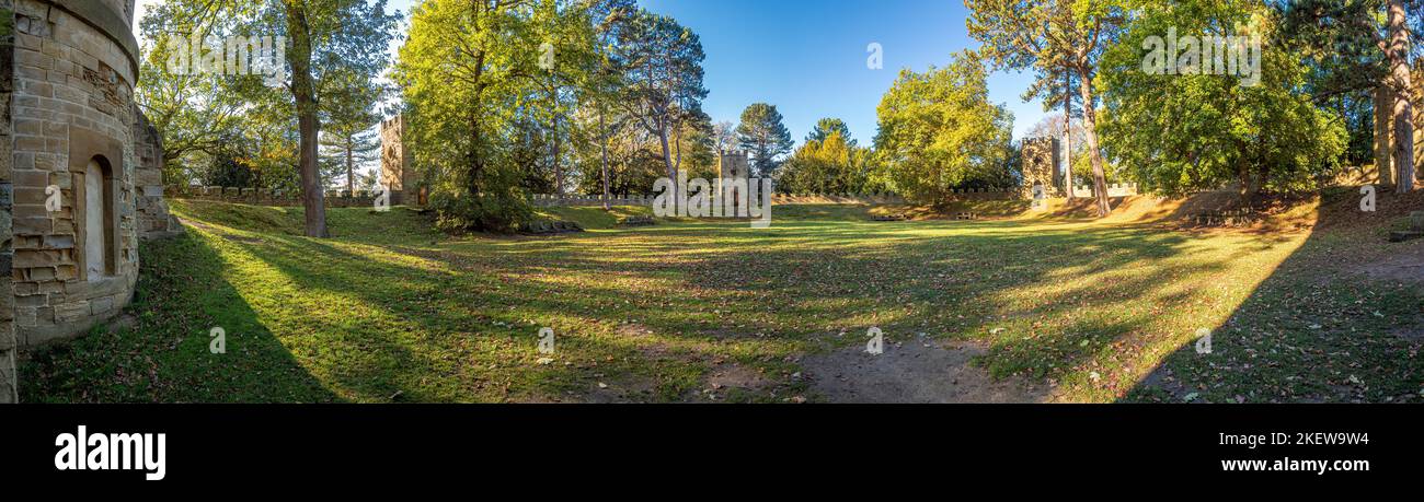 Panoramic view of Stainborough Castle folly in the Wentworth Castle Gardens. Barnsley, UK Stock Photo