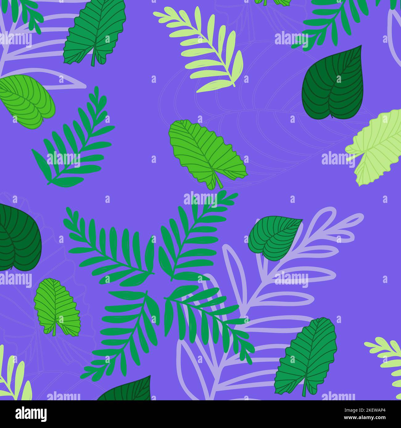 tropical print from green leaves of tropical plants on a lilac background. Vector seamless pattern. Stock Vector