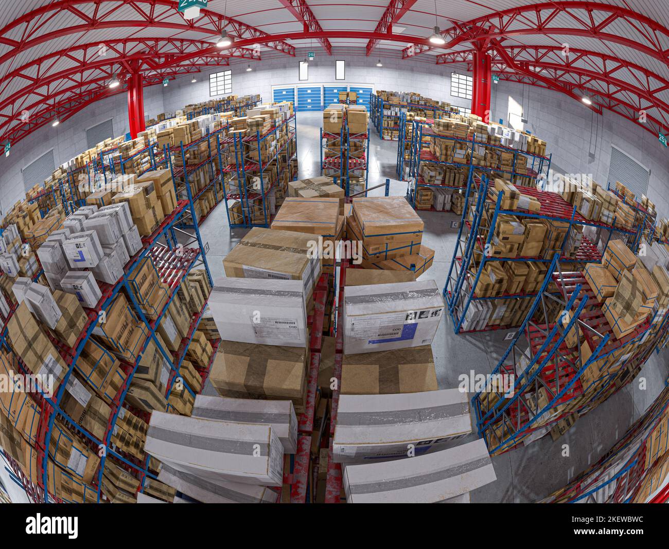 fisheye wide angle view of a warehouse interior. 3d render Stock Photo