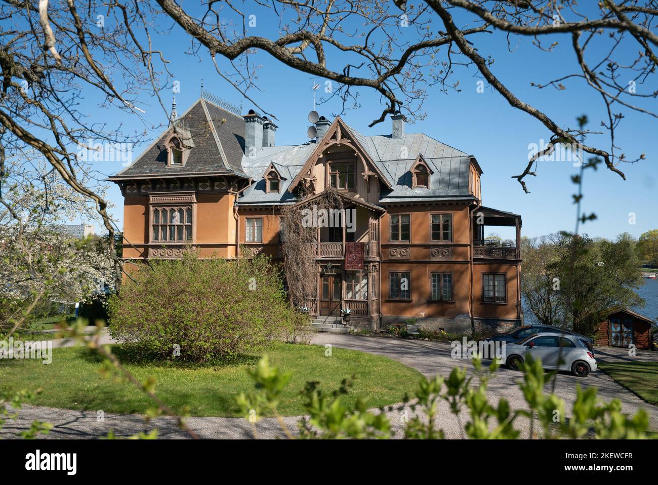 Creepy huge gothic mansion like a house from a horror film, in Stockholm, Sweden. Stock Photo