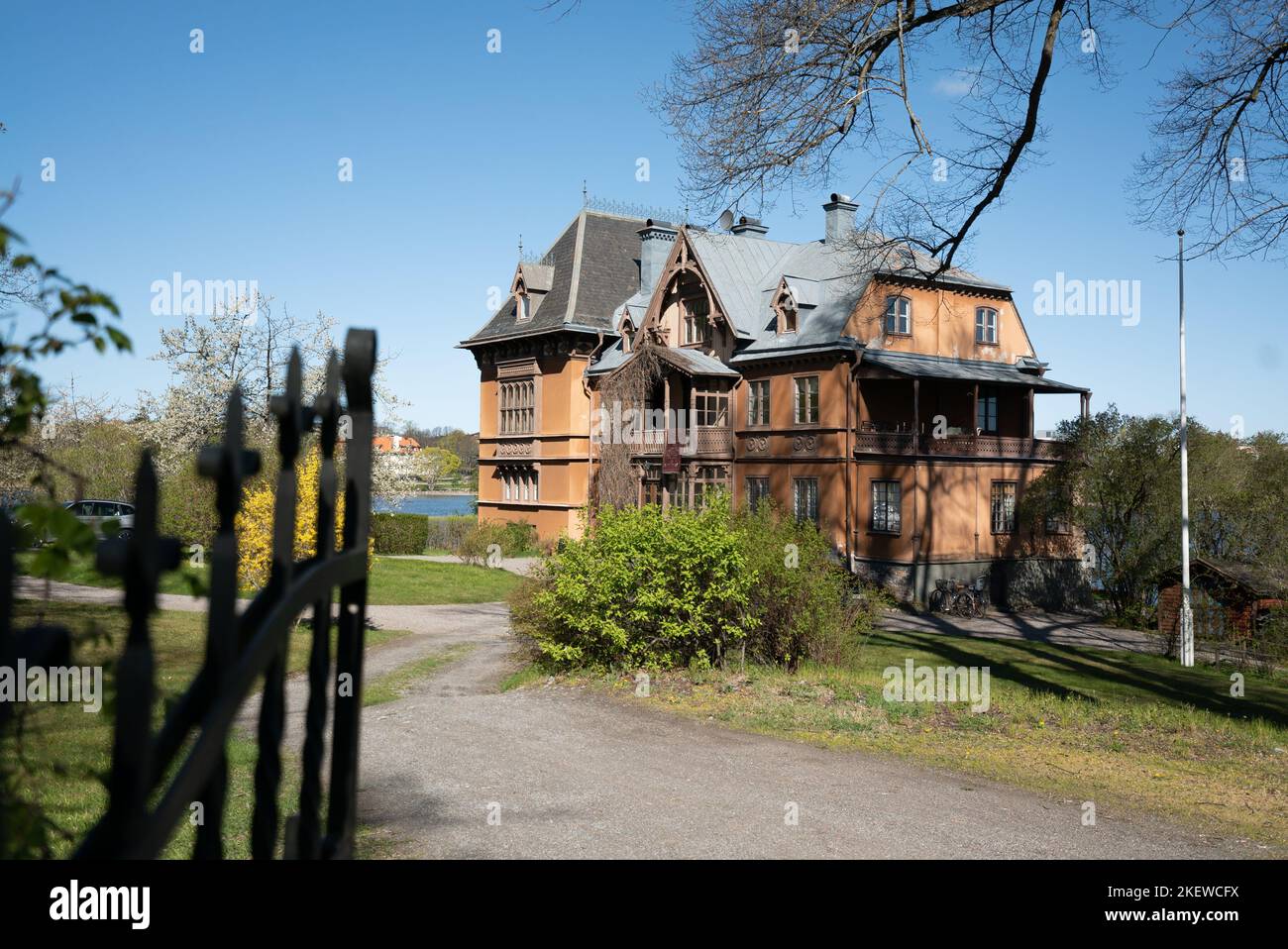Creepy huge gothic mansion like a house from a horror film, in Stockholm, Sweden. Stock Photo