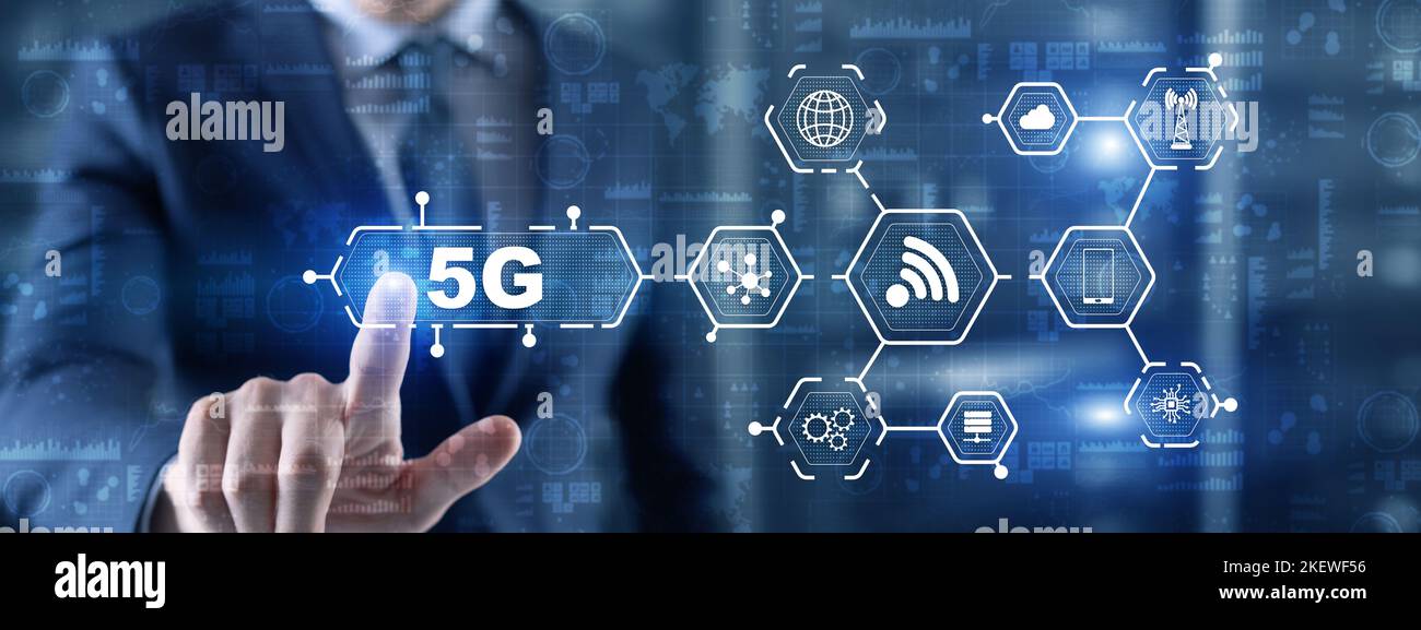 5G Network Wireless Internet concept. Man touching 3D icon 5G. Stock Photo
