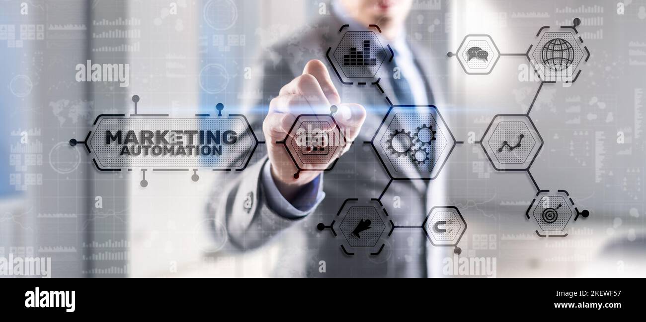Marketing automation. Computer programs and technical solutions for automating the marketing processes enterprise. Stock Photo
