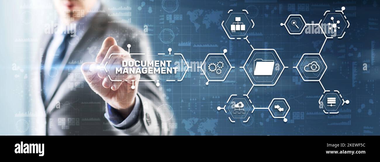Document Management Data System Business Technology Concept. DMS on virtual screen. Stock Photo