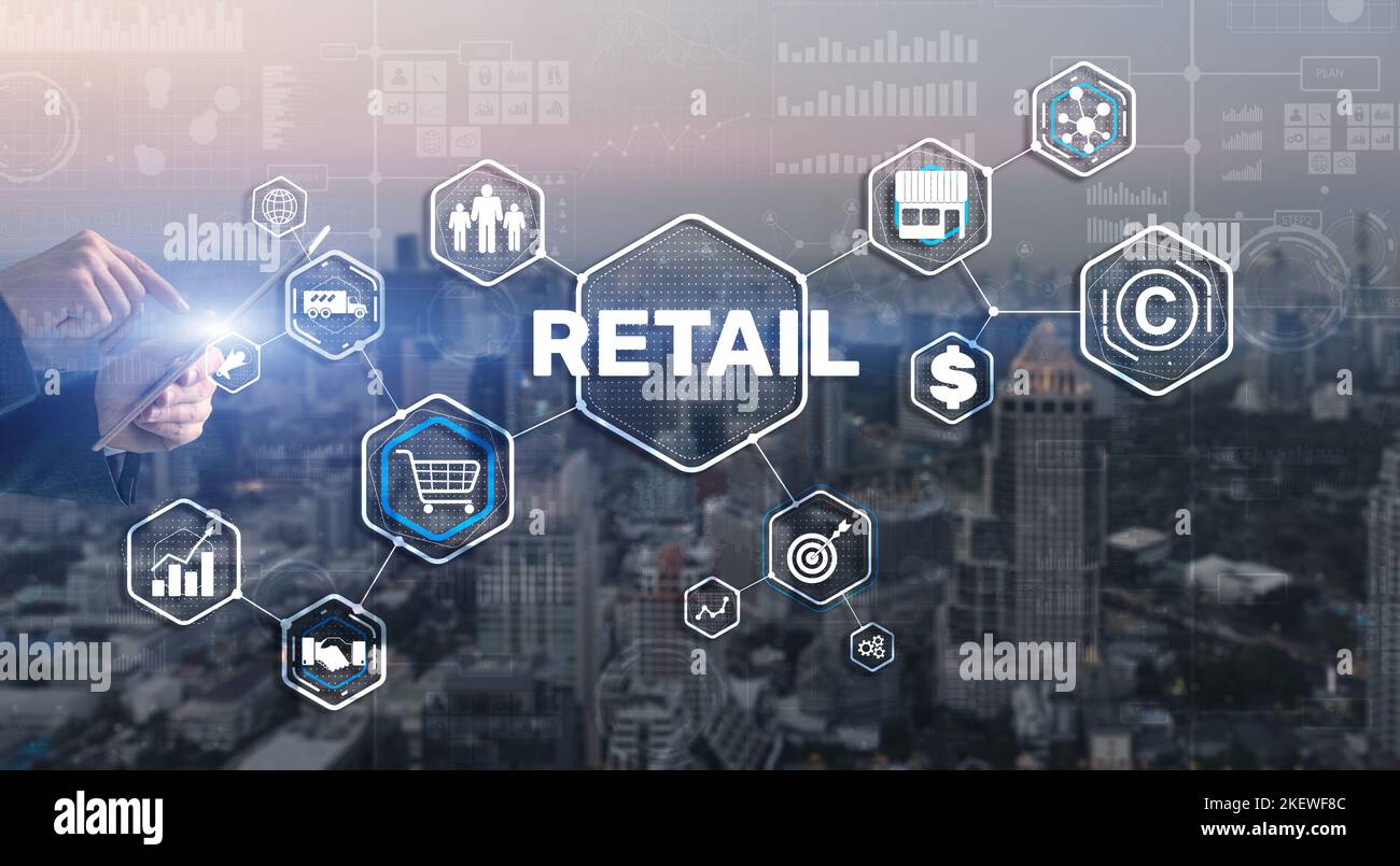 Retail concept marketing channels E-commerce Shopping automation on virtual screen. Stock Photo