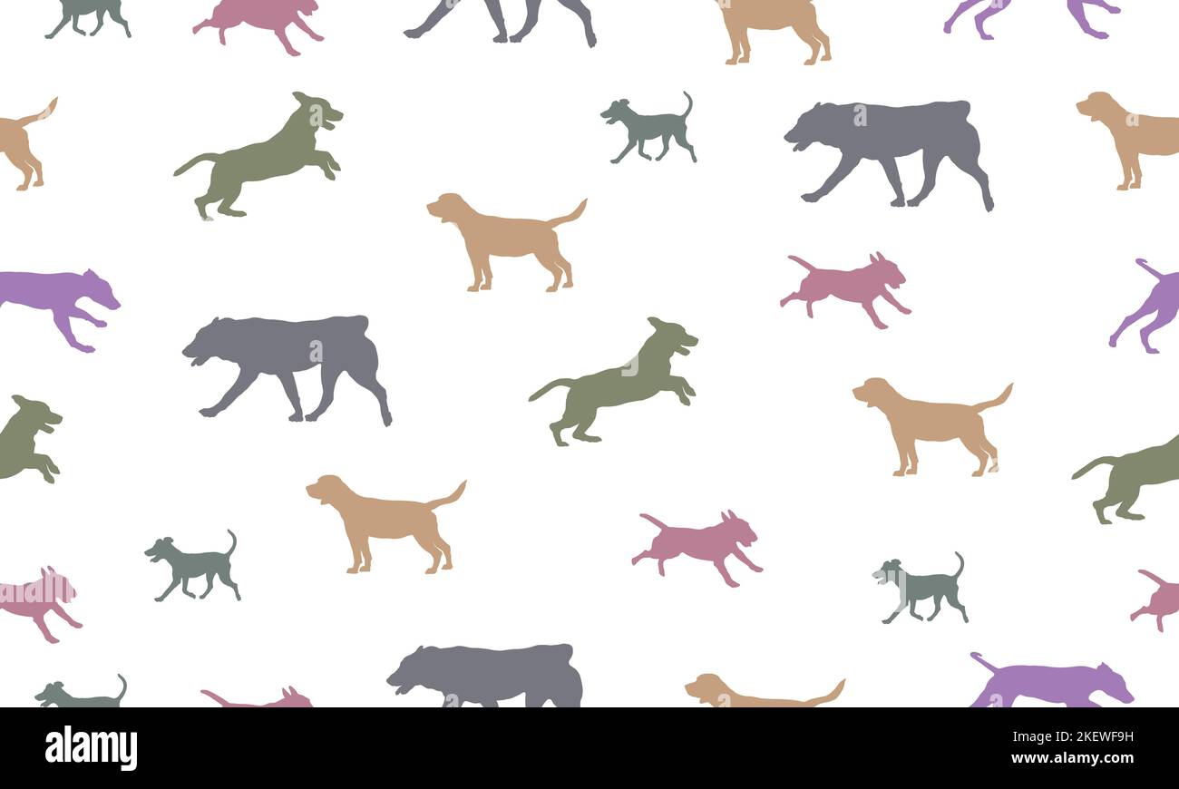 Dogs different colors isolated on a white background. Seamless pattern. Endless texture. Design for fabric, decor, wallpaper, wrapping paper. Stock Vector