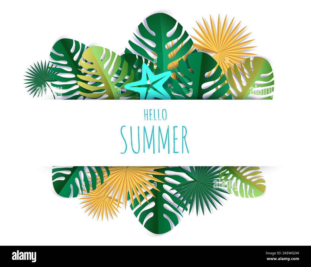Hello Summer card tropical greenery hand lettering typography, vector illustration in paper art craft style. Beautiful paper cut summer composition wi Stock Vector