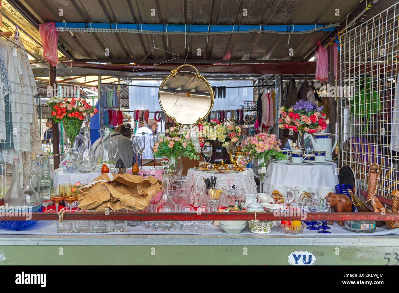 Belgrade, Serbia - August 21, 2022: Antiques Treasures Knick Knack and Trinkets at Flea Market Stall Kalenic Summer. Stock Photo