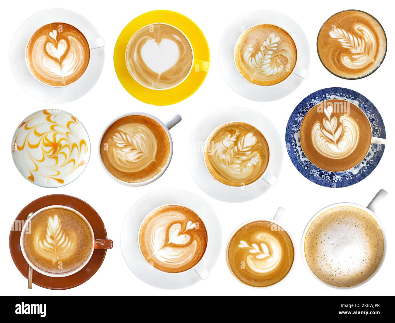 Coffee latte cup assortment with foam art isolated, top view cappuccino