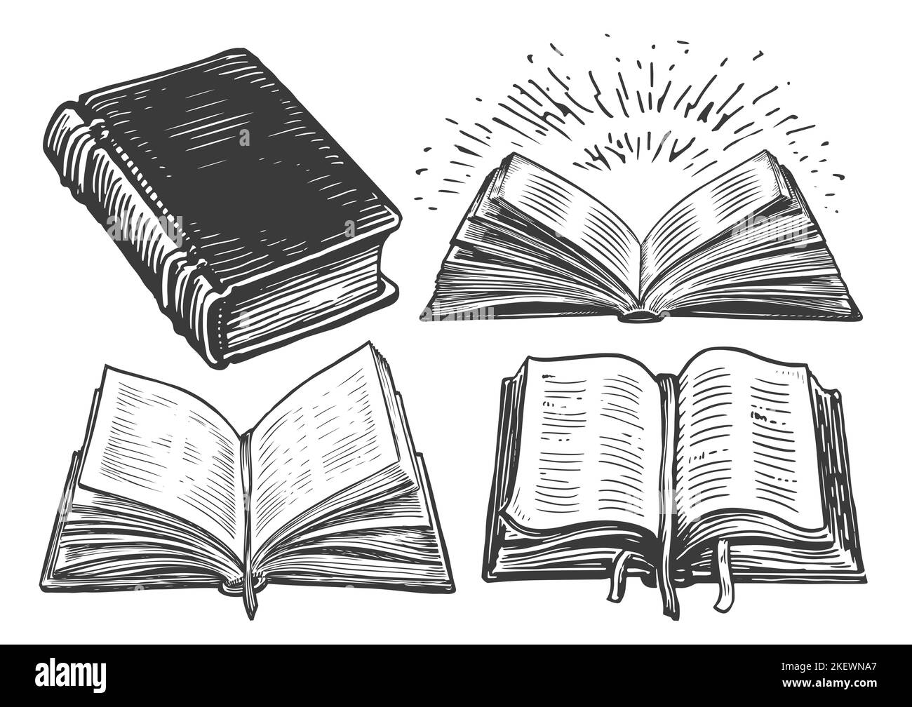 Hand drawn old books in sketch style. Reading literature, library concept. Vintage illustration Stock Photo