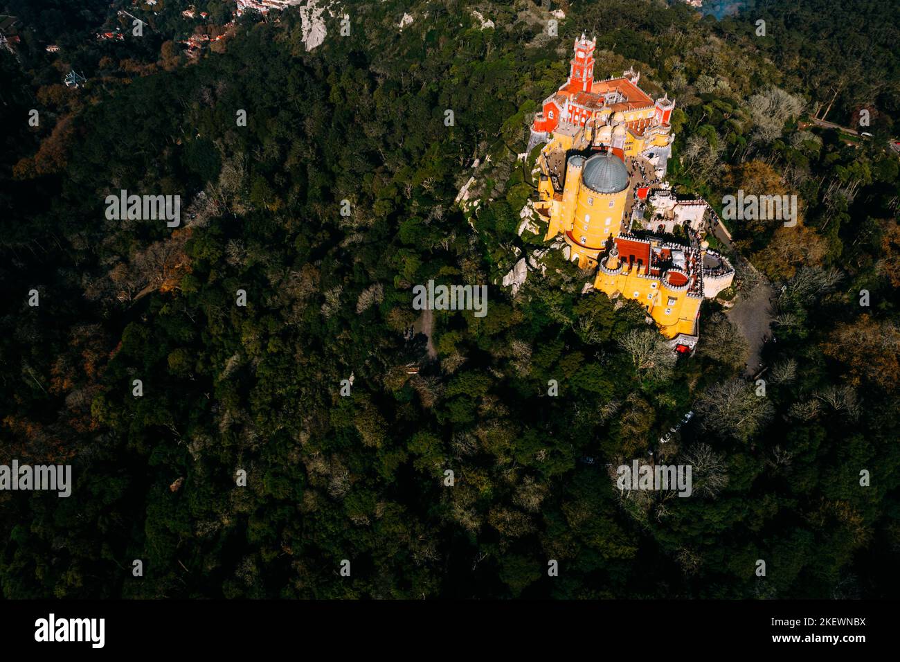 Aerial of Pena National Palace in Sintra, Portugal from above Stock Photo