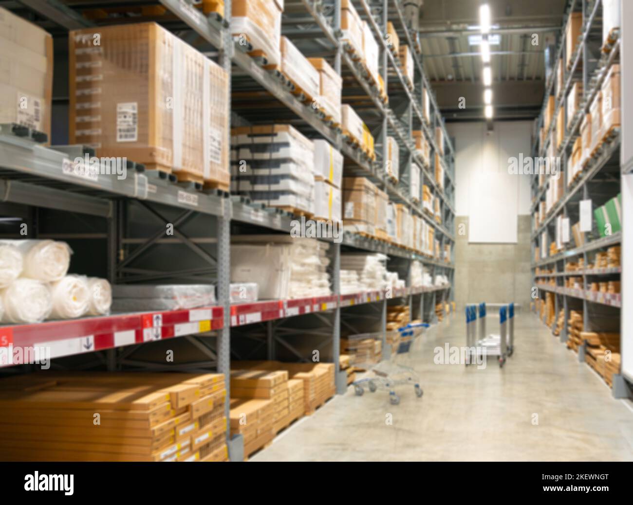 Shopping carts in the aisle of a warehouse, shop or logistics company