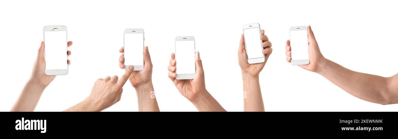 Collage of hands holding modern mobile phones with blank screens on ...