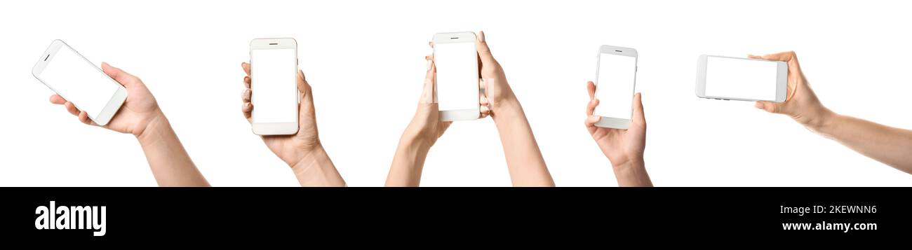Collage of hands holding mobile phones with blank screens on white ...