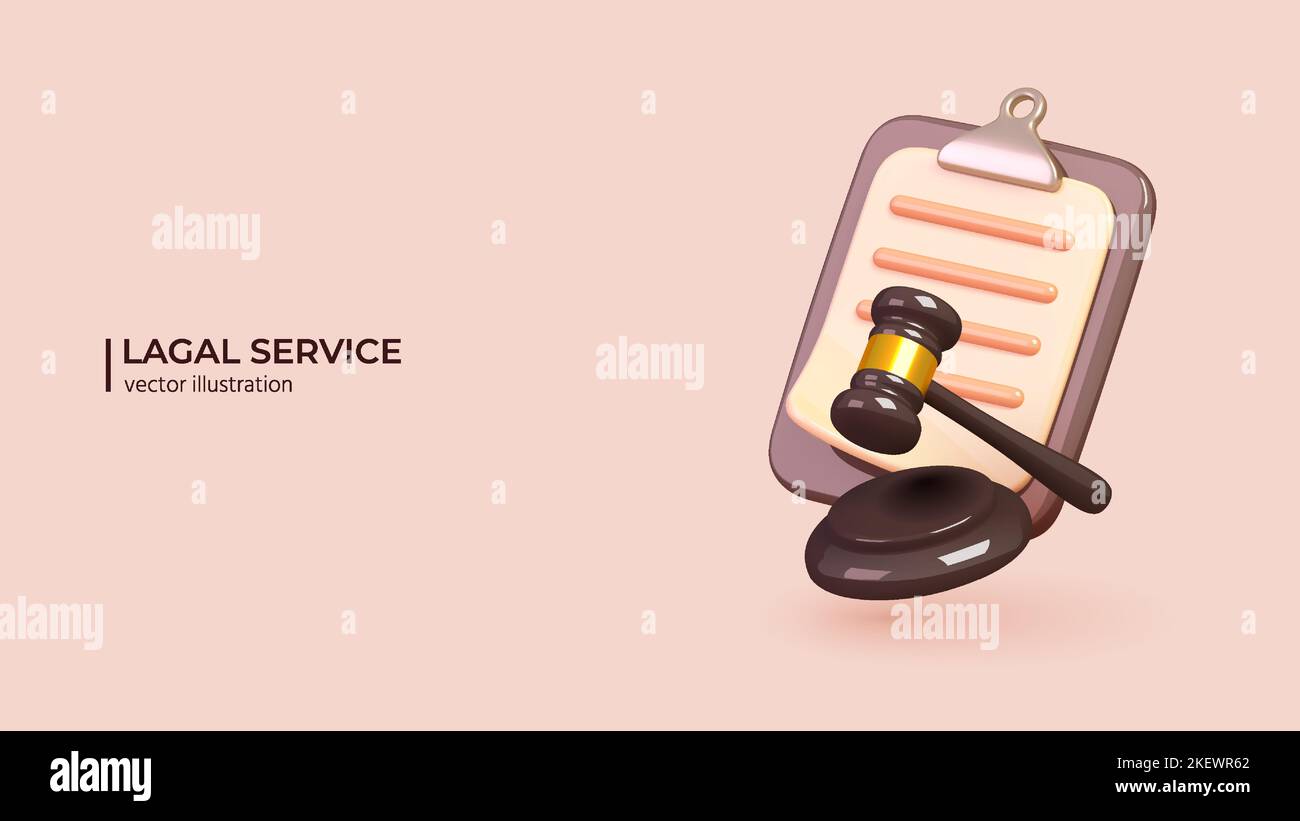3D Law Service. Realistic 3d design of Judge hammer and Paper clipboard. Commercial law, Legal advice for business. Vector illustration in cartoon minimal style. Stock Vector