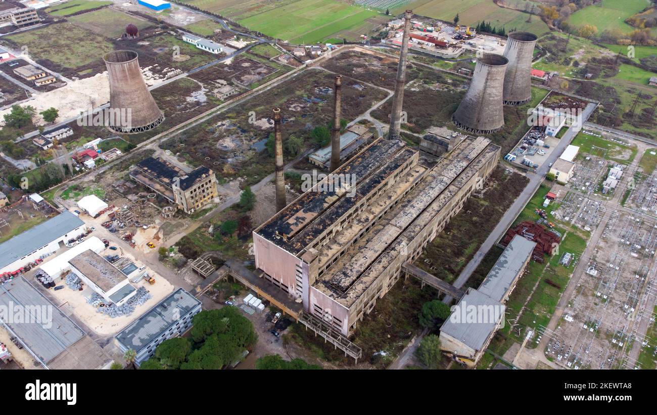 Aerial drone view of nuclear power plant. Abandoned