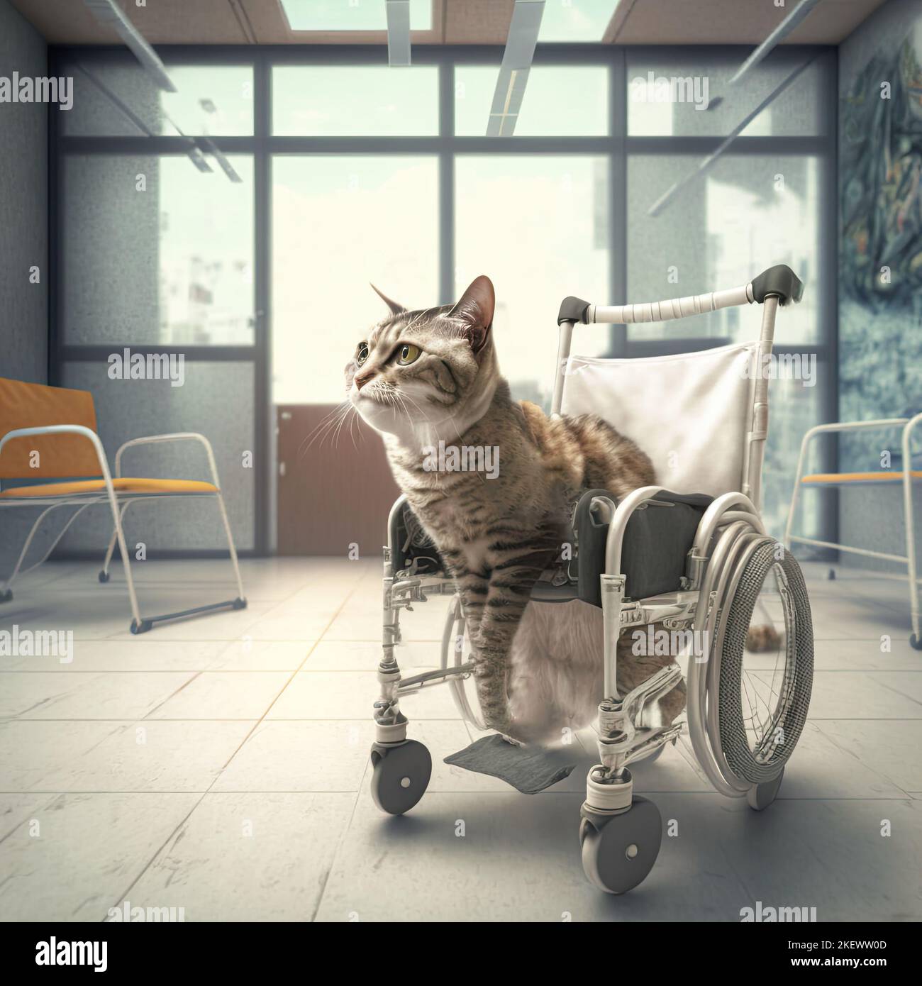 Veterinarian office with cat walking harness and wheelchair. Veterinary