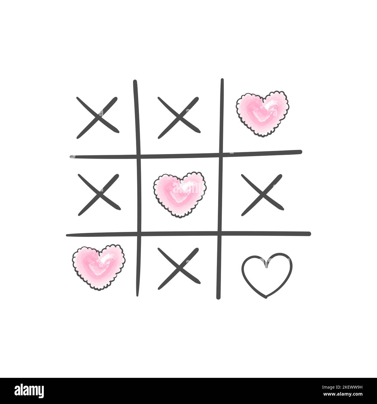Tic tac toe game with criss cross and hearts. Hand drawn. Vector love