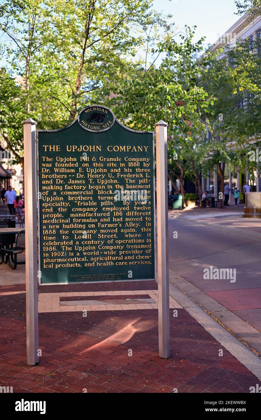 Kalamazoo, Michigan, USA. A large sign dedicated to the Upjohn Company within the Kalamazoo Mall. Stock Photo