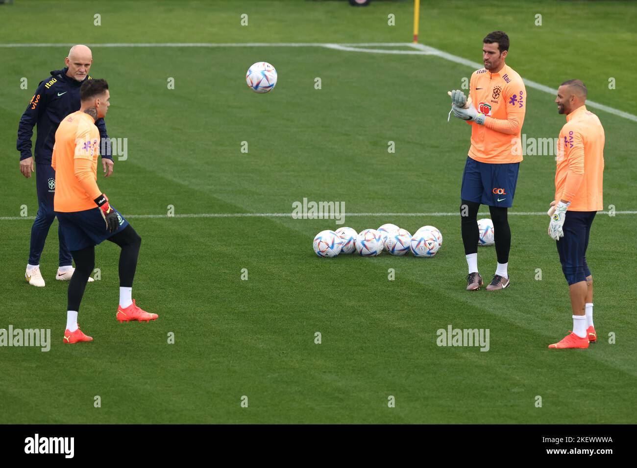 Turin, Italy, 14th November 2022. Claudio Taffarel Brazil goalkeeping coach with Ederson, Alisson and Weverton during the Brazil training Session at Juventus Training Centre, Turin. Picture date: 14th November 2022. Picture credit should read: Jonathan Moscrop/Sportimage Stock Photo