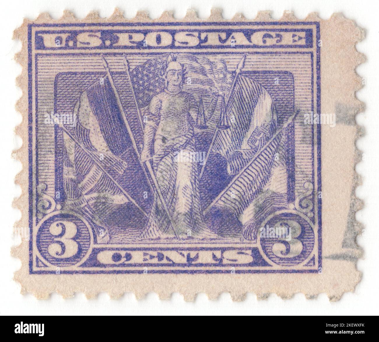 USA - 1919 March 3: An 3 cents violet postage stamp depicting “Victory” and Flags of the Allies. Victory of Allies in World War I. The Allies of World War I, Entente Powers, or Allied Powers were a coalition of countries led by France, the United Kingdom, Russia, Italy, Japan, and the United States against the Central Powers of Germany, Austria-Hungary, the Ottoman Empire, Bulgaria, and their colonies during the First World War (1914–1918) Stock Photo