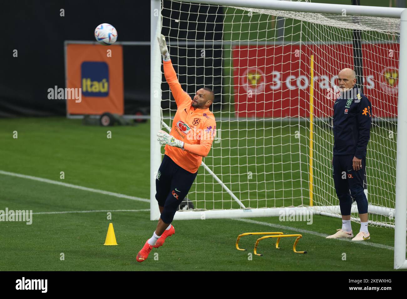 Turin, Italy, 14th November 2022. Claudio Taffarel Brazil goalkeeping coach looks on as Weverton makes a save during the Brazil training Session at Juventus Training Centre, Turin. Picture date: 14th November 2022. Picture credit should read: Jonathan Moscrop/Sportimage Stock Photo