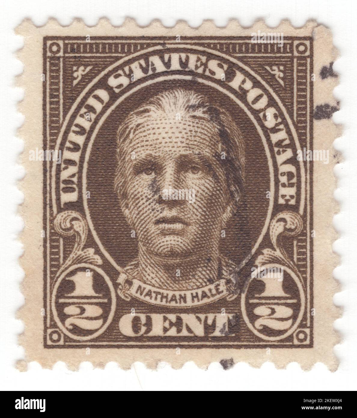 USA - 1925: An ½ cent olive-brown postage stamp depicting portrait of Nathan Hale. American Patriot, soldier and spy for the Continental Army during the American Revolutionary War, likeness is from a statue by Bela Lyon Pratt. He volunteered for an intelligence-gathering mission in New York City but was captured by the British and executed. Hale is considered an American hero and in 1985 was officially designated the state hero of Connecticut Stock Photo