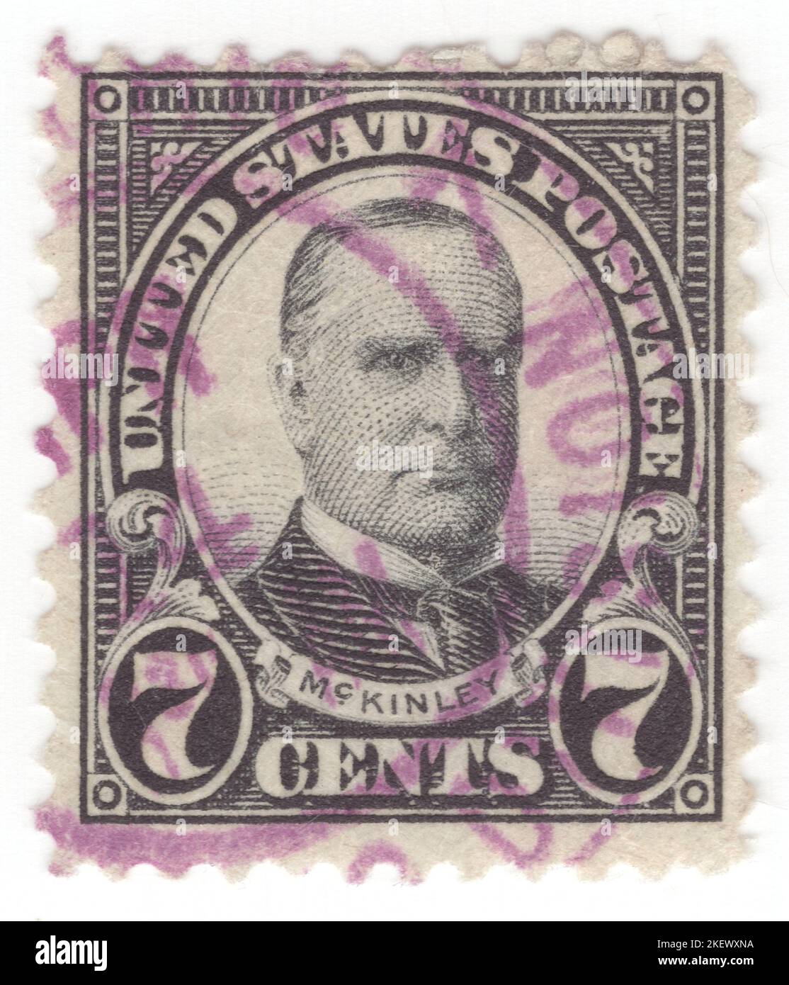 USA - 1923: An 7 cents black postage stamp depicting portrait of William McKinley. 25th president of the United States, serving from 1897 until his assassination in 1901. As a politician he led a realignment that made his Republican Party largely dominant in the industrial states and nationwide until the 1930s. He presided over victory in the Spanish–American War of 1898; gained control of Hawaii, Puerto Rico, the Philippines and Cuba; restored prosperity after a deep depression; rejected the inflationary monetary policy of free silver, keeping the nation on the gold standard Stock Photo