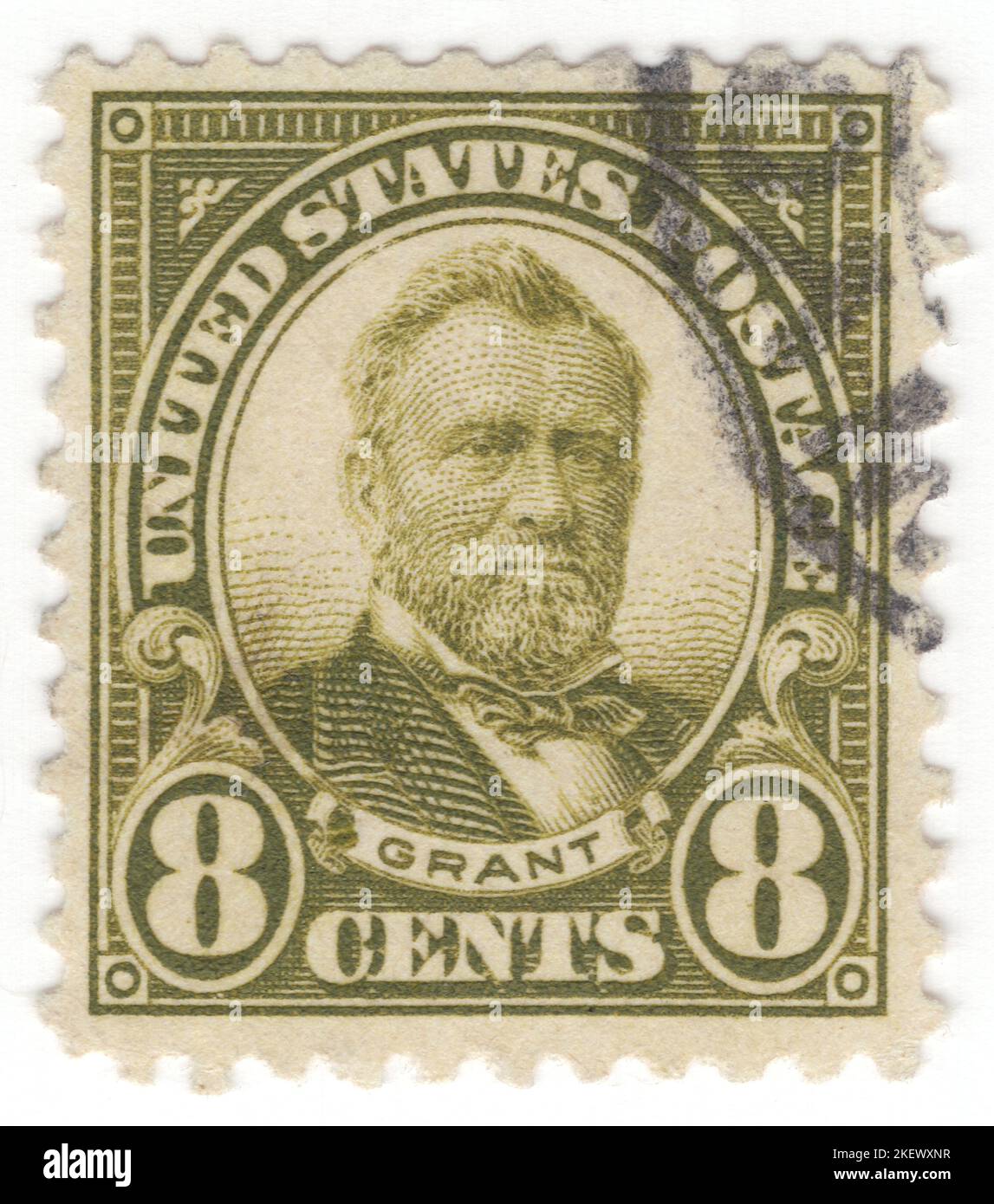 USA - 1923: An 8 cents olive-green postage stamp depicting portrait of Ulysses S. Grant (born Hiram Ulysses Grant), American military officer and politician who served as the 18th president of the United States from 1869 to 1877. As Commanding General, he led the Union Army to victory in the American Civil War in 1865 and thereafter briefly served as Secretary of War. Later, as president, Grant was an effective civil rights executive who signed the bill that created the Justice Department and worked with Radical Republicans to protect African Americans during Reconstruction Stock Photo