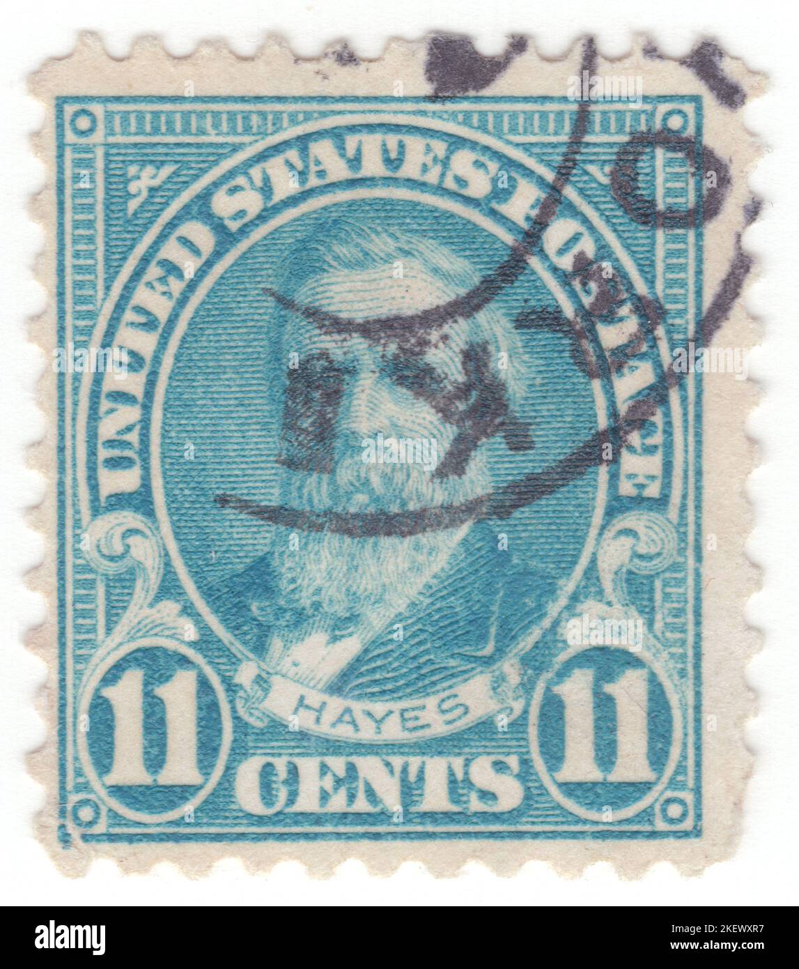 USA - 1922: An 11 cents light blue postage stamp depicting portrait of Rutherford Birchard Hayes. American lawyer and politician who served as the 19th president of the United States from 1877 to 1881, after serving in the U.S. House of Representatives and as governor of Ohio. Before the American Civil War, Hayes was a lawyer and staunch abolitionist who defended refugee slaves in court proceedings. He served in the Union Army and the House of Representatives before assuming the presidency. His presidency represents a turning point in U.S. history, as historians consider Stock Photo