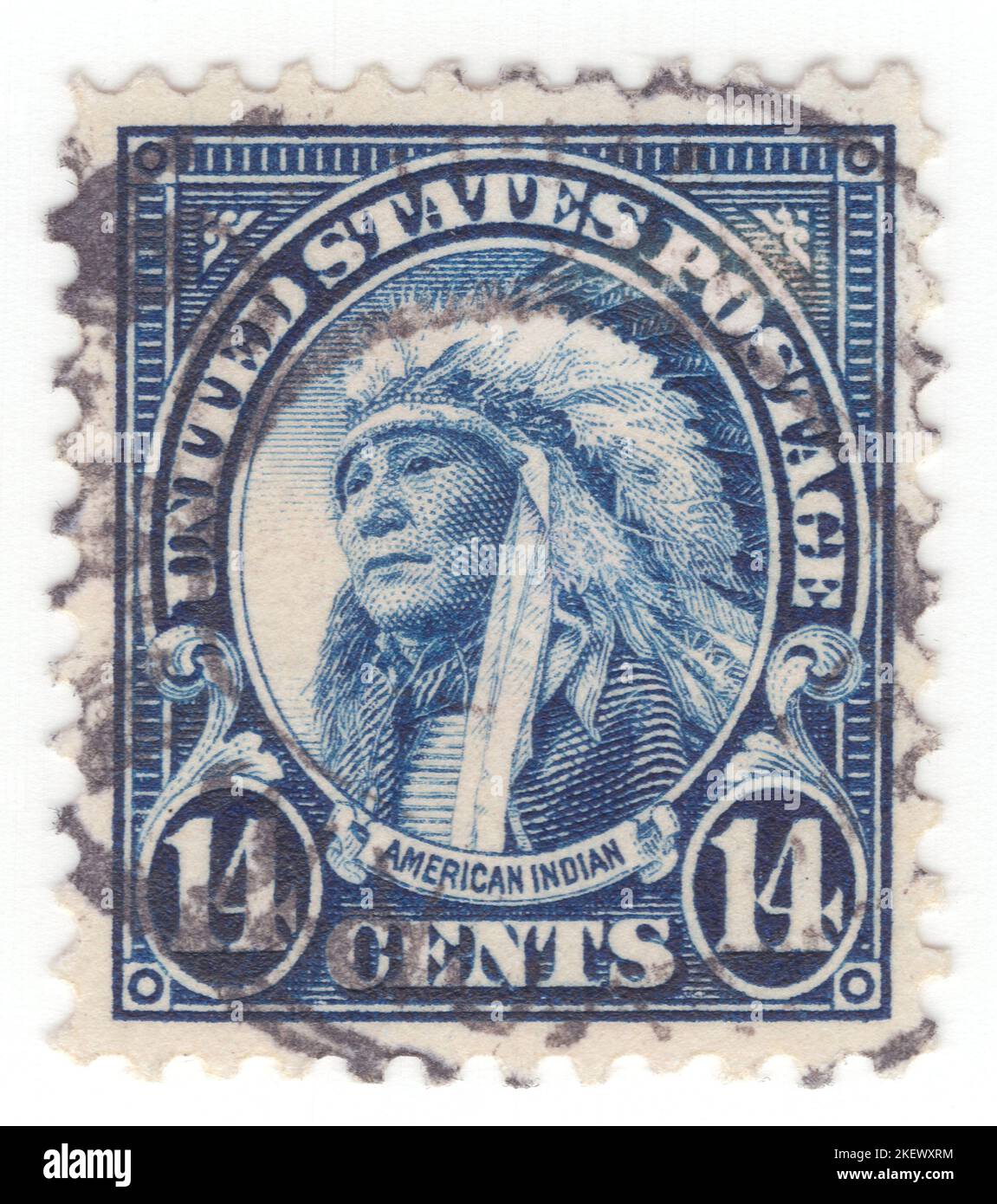 USA - 1923: An 14 cents blue postage stamp depicting portrait of American Indian, also known as First Americans, Indigenous Americans, and other terms, are the indigenous peoples of the United States, including Hawaii and territories of the United States, as well as Northern Mexico and Canada and other times just the mainland United States. There are 574 federally recognized tribes living within the US, about half of which are associated with Indian reservations. 'Native Americans' (as defined by the United States Census) are indigenous tribes that are originally from the contiguous USA Stock Photo
