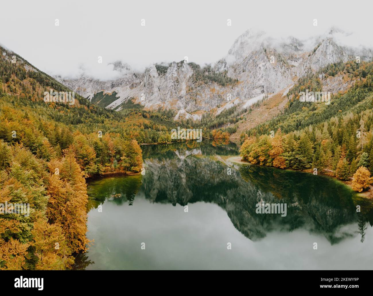 Lake Hinterer Langbathsee in Austria. Scenic place during on a rainy autumn day. Stock Photo
