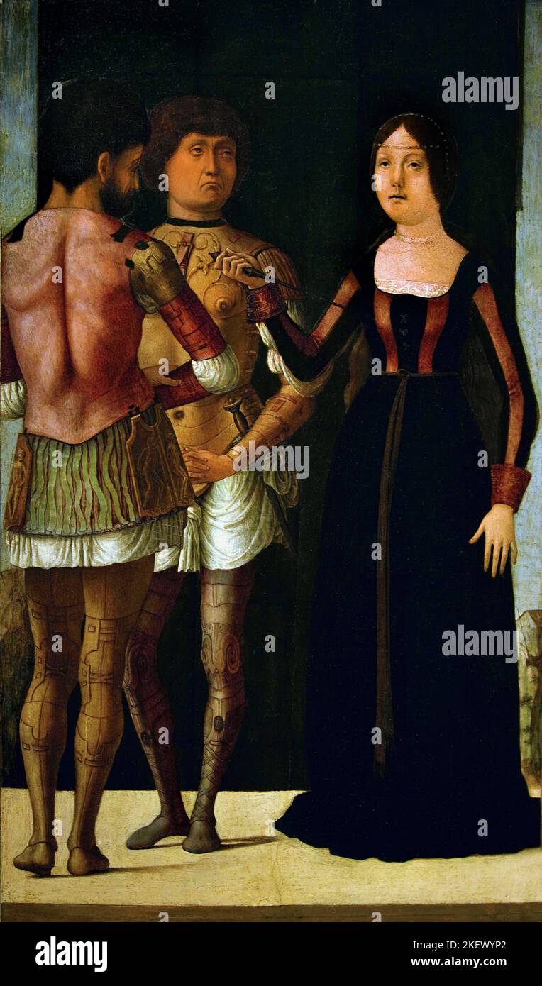 Lucretia, Brutus and Collatinus 1490 Ercole de’ Roberti 1467-1496  Giovan Francesco Maineri  1489-1506 Ercole de’ Roberti, Lucretia, 15th century,  Bologna, Italy, Italian, Lucrece, Brutus , Collatinus, Lucrezia, Lucretia, Roman lady, victim of violence by Sextus Tarquin, son of Tarquin the Superb. Lucrece sent for her father,husband ,(Collatinus, arrived with Lucius Junius Brutus,  cousin of Lucius Tarquinius Collatinus. Stock Photo
