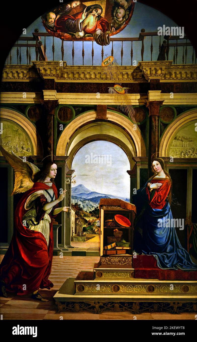 The Annunciation, 1506-1512, oil on panel, Francesco Bianchi Ferrari,  1487 - 1512 -, Italy, Italian, Annunciation ,represents the biblical story, in which, Archangel Gabriel, announces to the ,Virgin Mary, that she has been chosen to be the, mother Stock Photo