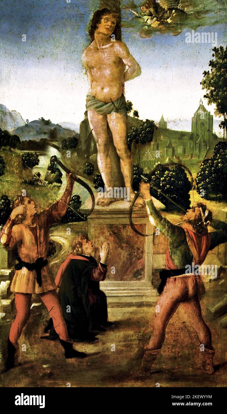 The Martyrdom of San Sebastian 1480-1490 Lorenzo di Credi 1456  -  1537 Florence Italy Italian  Saint, Sebastian, (died c. 268 AD),  Christian saint and martyr,  Killed during the Roman, Emperor, Diocletian, persecution of Christians, He criticized the emperor, clubbed to death,) Stock Photo